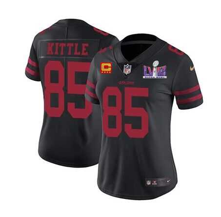 Womens San Francisco 49ers #85 George Kittle Black Super Bowl LVIII Patch And 4-star C Patch Vapor Untouchable Limited Stitched Jersey(Runs Small)->women nfl jersey->Women Jersey